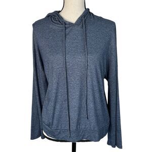 Caution To The Wind Small Pullover Top Hooded Stretch Flared Long Sleeves Blue